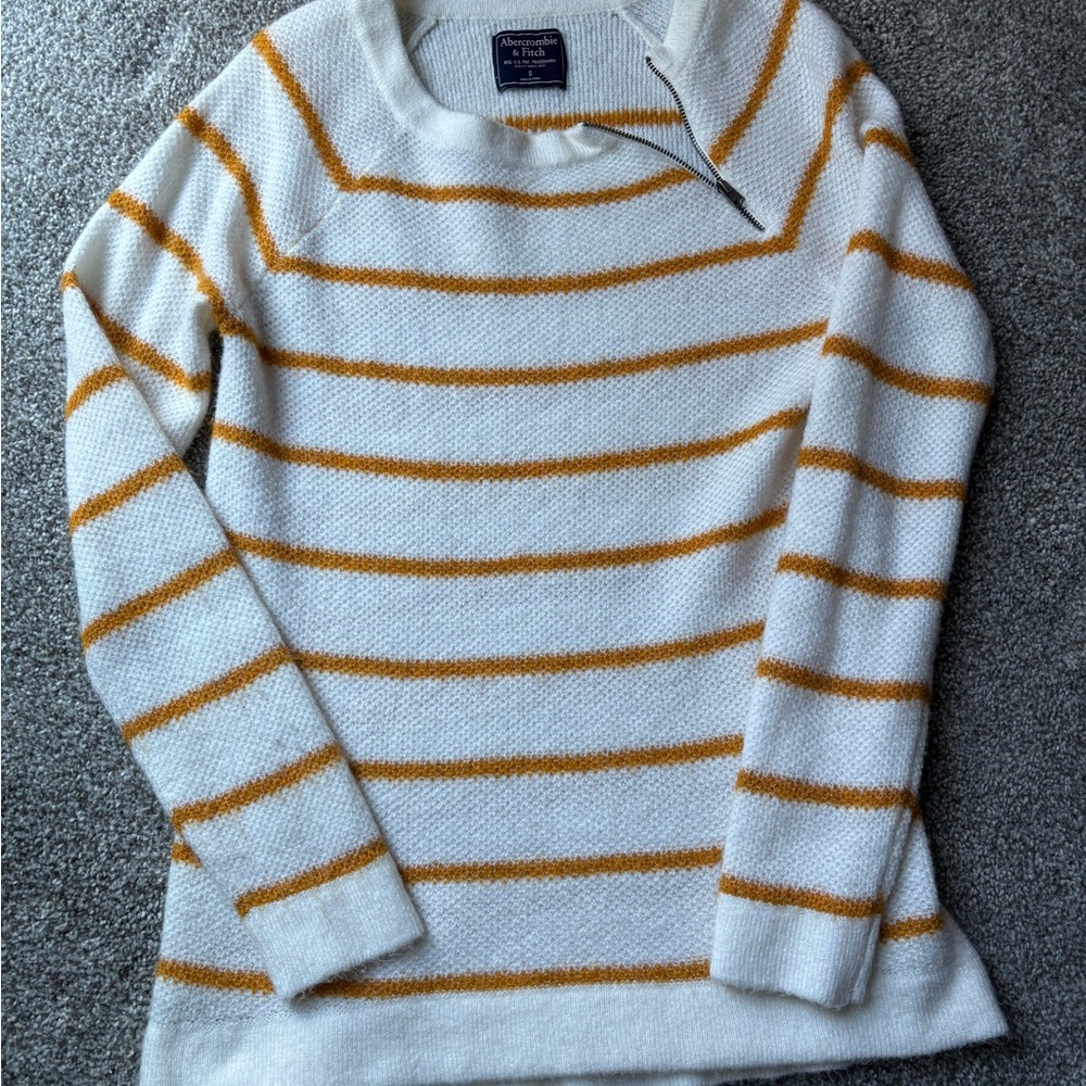Abercrombie and Fitch Mustard and White Striped Zipper Sweater